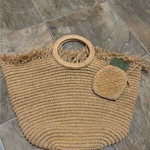 Liz Claiborne Tan and Green Tote Bag with Woven Design